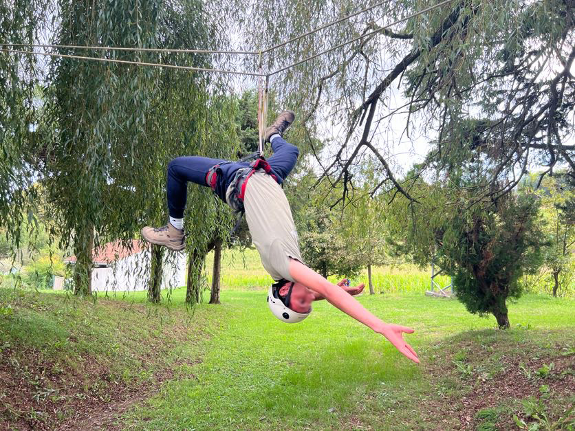 Hanging from a rope pully