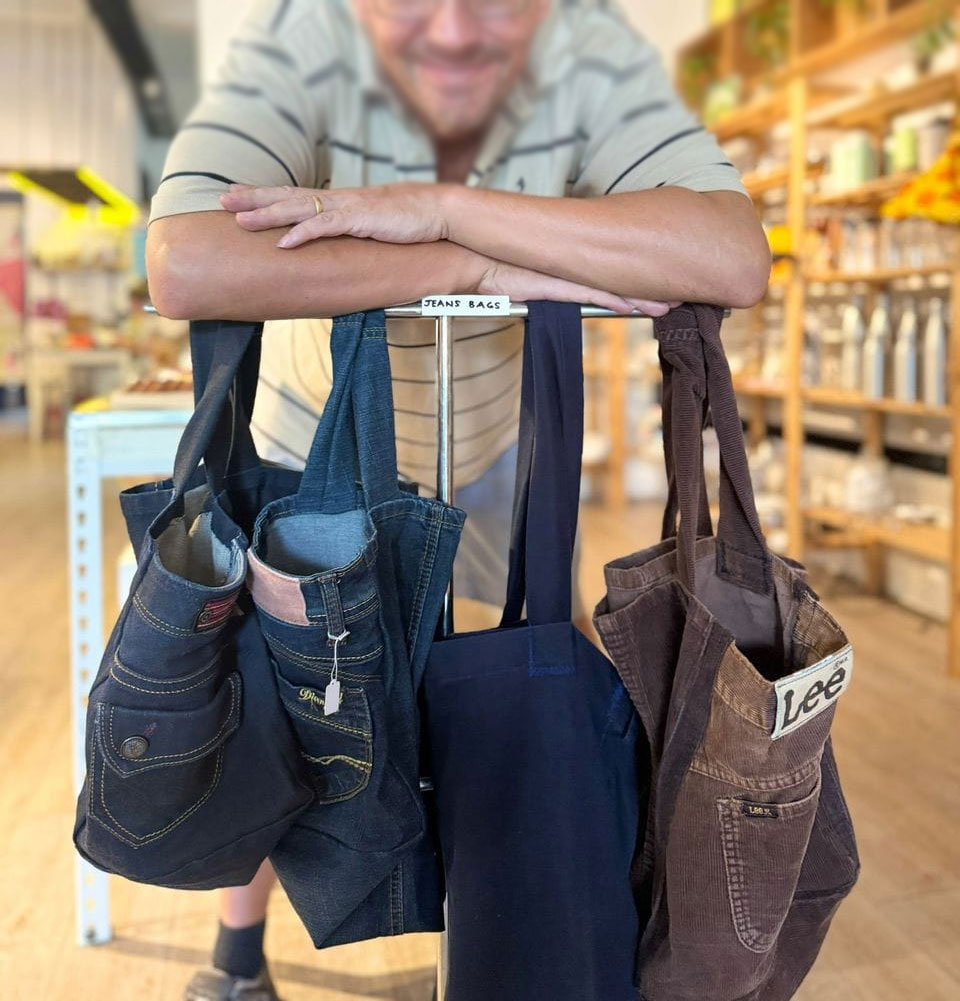 Jeans bags on display